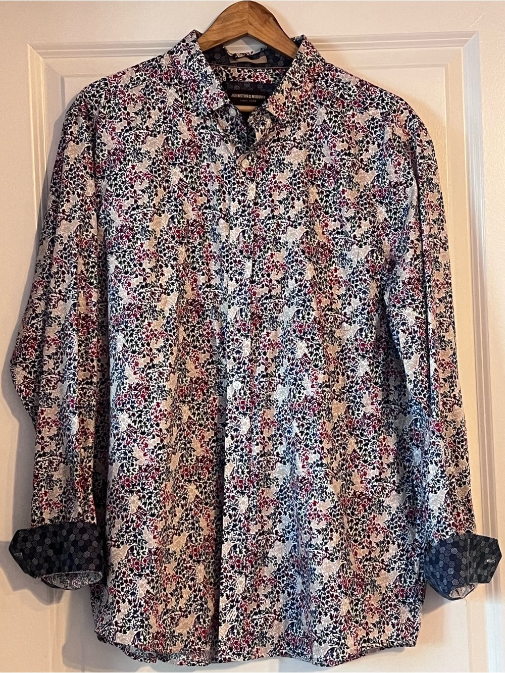 Johnston & Murphy White Floral Button-Down Shirt with Pink & Blue Print